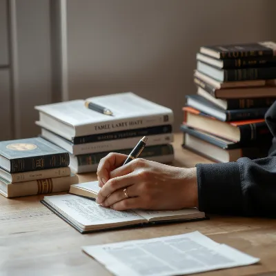 A person writing in a notebook with a pen, surrounded by books, symbolizing the writing process.